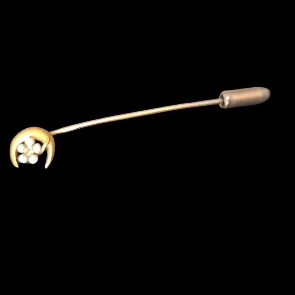 1900s 14k Gold Enamel Flower and Moon Stickpin